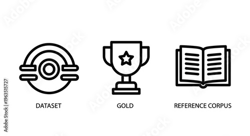 Dataset, gold standard, and reference corpus icons for data science, AI training, research, and academic resources