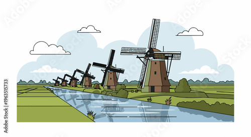 Idyllic countryside scene with historic windmills lining a canal