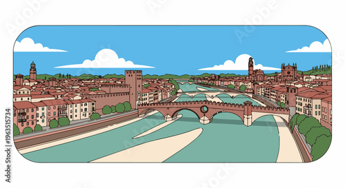 Idyllic European city skyline with a river and bridges, under blue sky