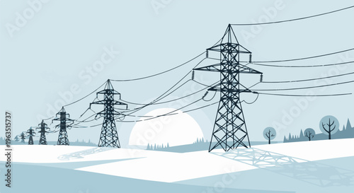 Minimalist landscape features towering power pylons against a pale sky