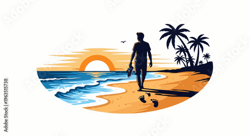Man walking on beach at sunset with palm trees