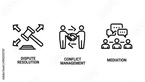Dispute resolution, conflict management, and mediation icons for legal services, business negotiations, and communication