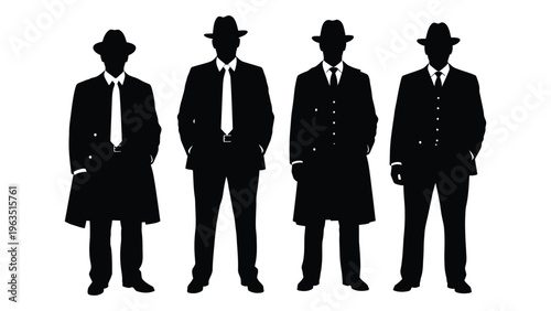 Silhouettes of four men in suits and hats
