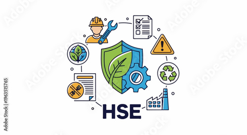 Health, Safety, and Environment icons arranged around shield with gear and text