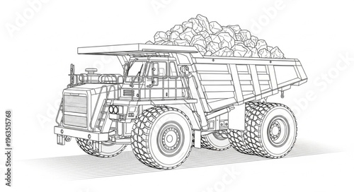 Detailed line drawing of a heavy-duty mining dump truck.
