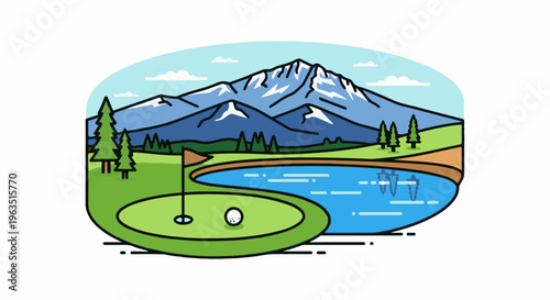 Idyllic mountain golf course with a serene lake and green fairways