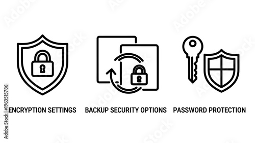 Data security, encryption, and password protection icons: digital information safety, backup options, and access control line art illustration