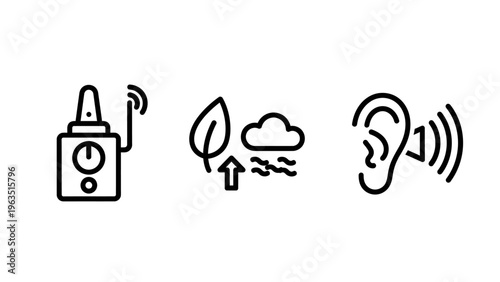 Air quality monitoring, sound environment, and hearing health icons: sensory input and environmental awareness line art vector