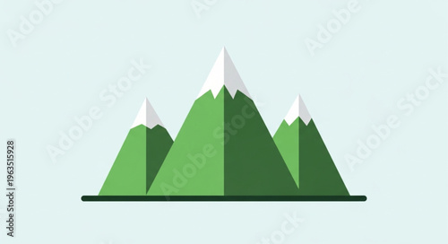 Three Green Mountains with Snow-Capped Peaks in Flat Design.