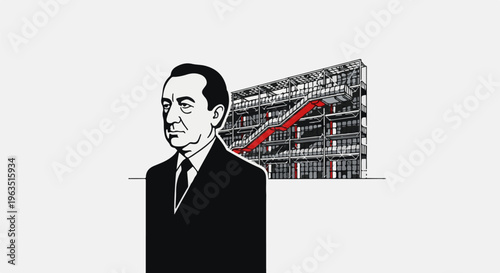 Man in suit beside a building with a red zigzag staircase