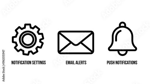 Essential uiux user interface line icons for notification settings, email alerts, and push notifications in digital applications
