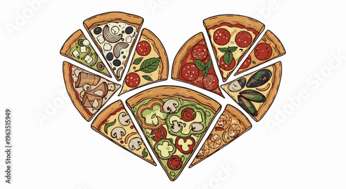 Heart-shaped pizza slices with various toppings, presented on a white background