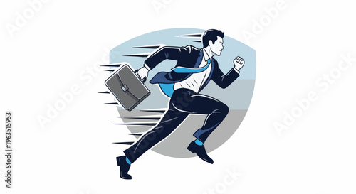 Man in suit running with briefcase, dynamic movement, abstract background