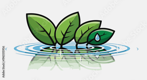 Green leaves emerge from rippling water with reflection and dewdrop