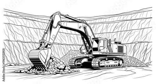 Excavator at Work - A Detailed Black and White Illustration.