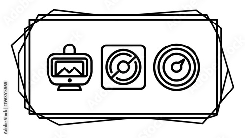 Abstract uiux dashboard interface line icons for media display, targeting focus, and performance measurement within a design frame