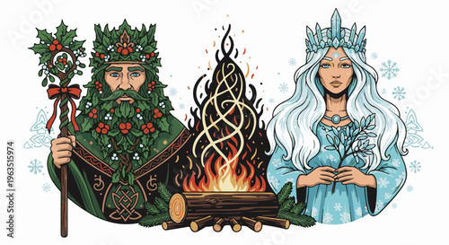 Green Man and Ice Queen by a Winter Bonfire