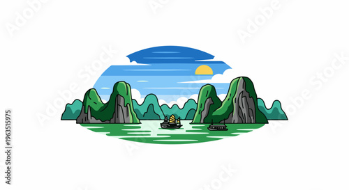 Idyllic seascape with karst islands, boats, and a rising sun