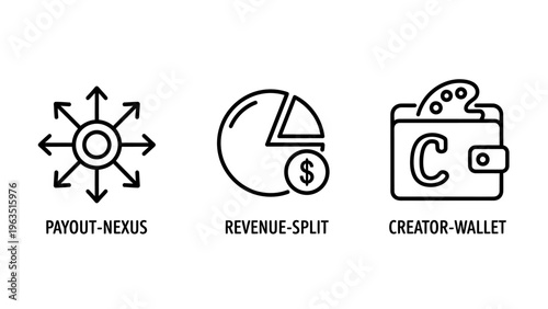 Financial technology line icons representing payout distribution, revenue splitting, and creator wallet earnings for digital platforms