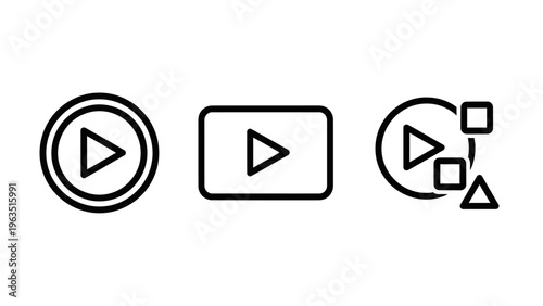Play button icons set for digital media player controls, streaming service interface, and multimedia content online experience