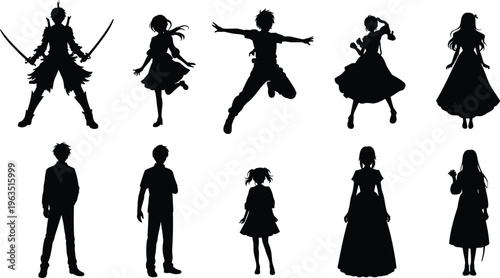 anime, silhouettes, characters, set, manga, people, figures, action, pose, girl, boy, warrior, dress, jumping, standing, vector, illustration, black, isolated, collection