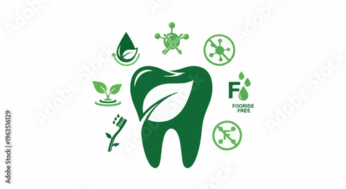 Green tooth illustration with natural care icons around it