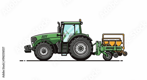 Green tractor with a seed planter attachment on a white background