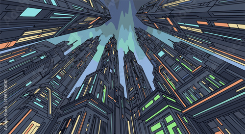 Looking up at a futuristic cityscape with angular, illuminated buildings against a patterned sky