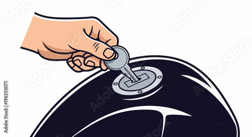 Hand inserting key into dark motorcycle fuel tank opening