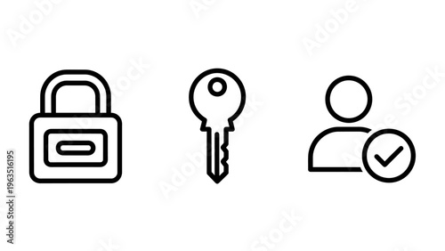 Digital security padlock, key, and user verification outline icons for access control and account protection