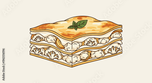 Illustrated slice of cauliflower and cheese layered baked pasta dish