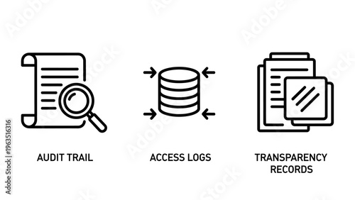 Audit trail, access logs, and transparency records modern line icons set for data governance and compliance in financial and business operations