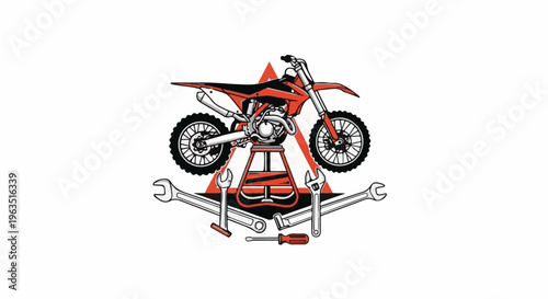 Illustration of a dirt bike on a stand with tools