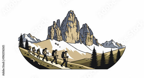 Group hiking up a mountain path past trees towards jagged peaks