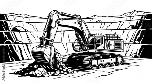 Excavator at Work - A Detailed Black and White Illustration.