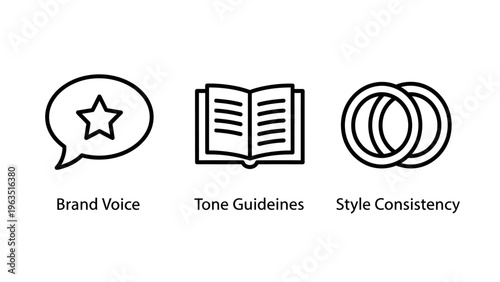 Brand voice, tone guidelines, and style consistency line icons for marketing, communication strategy, and corporate identity development