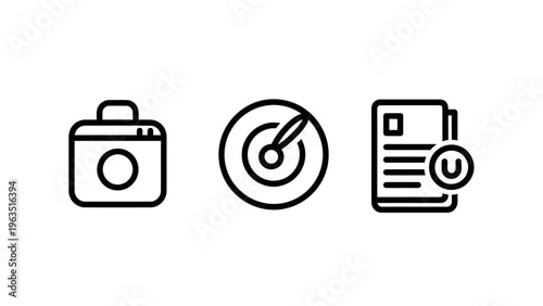 Business briefcase, precision target, and certified document icons for corporate productivity, strategy, and professional management