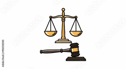 Golden scales of justice and a wooden gavel on a white background