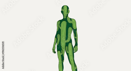 Full body of a person covered in green cactus patterns