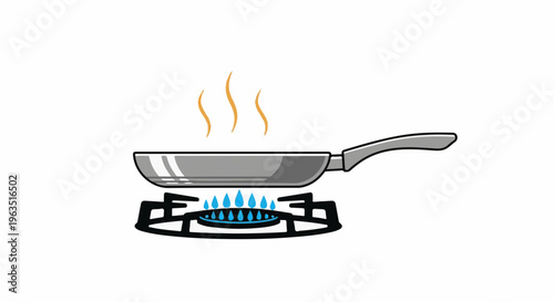 Frying pan heating on gas stove with steam rising
