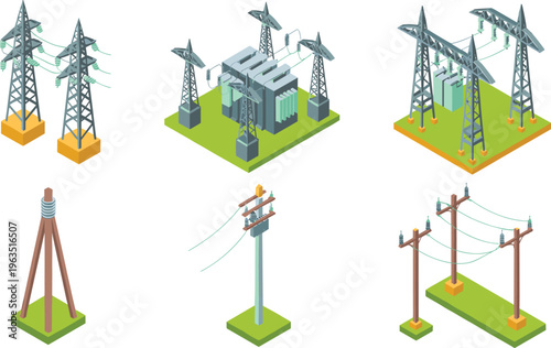 Isometric electric power grid vector set, high voltage transmission towers, utility poles, electricity substation, transformer station, energy infrastructure, isolated on white.
