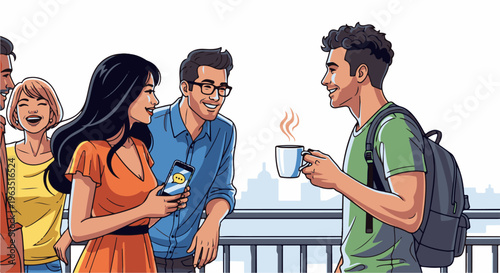 Friends chatting and enjoying a coffee break outdoors with a city skyline backdrop