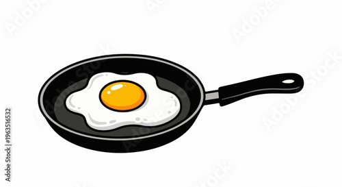 Fried egg in a black frying pan on white background