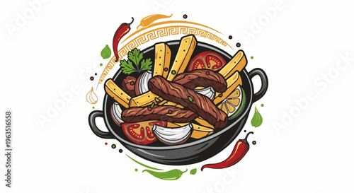 Hearty dish with grilled meat, fries, tomatoes, onions and spices