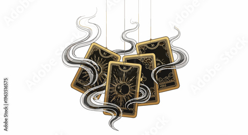 Golden tarot cards with celestial designs emerge from swirling smoke