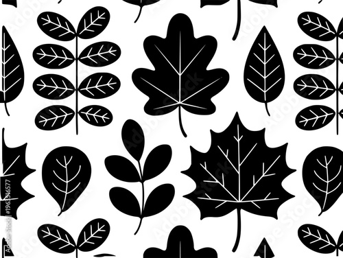 Black and White Autumn Leaves Pattern Seamless Repeating Botanical