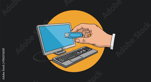 Hand inserts USB drive into computer monitor