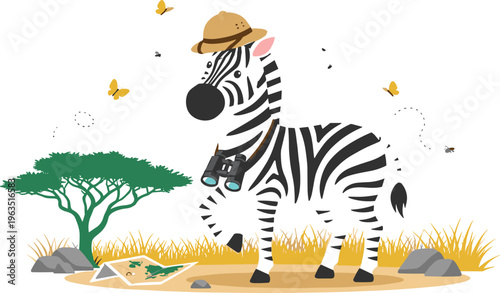 Cute Zebra Explorer Cartoon Character with Hat Binoculars and Map in Safari Landscape, Adventure Wildlife Illustration for Kids Design and Vector Artwork