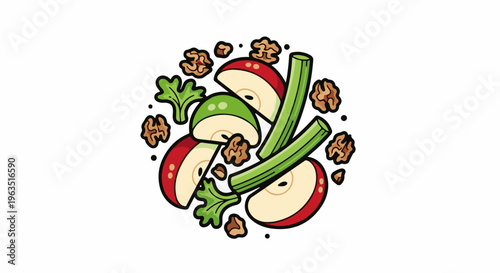 Fresh, healthy ingredients including chopped apples, celery, and walnuts arranged artfully