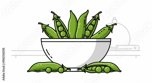 Fresh green peas spilling from a white bowl onto a white surface